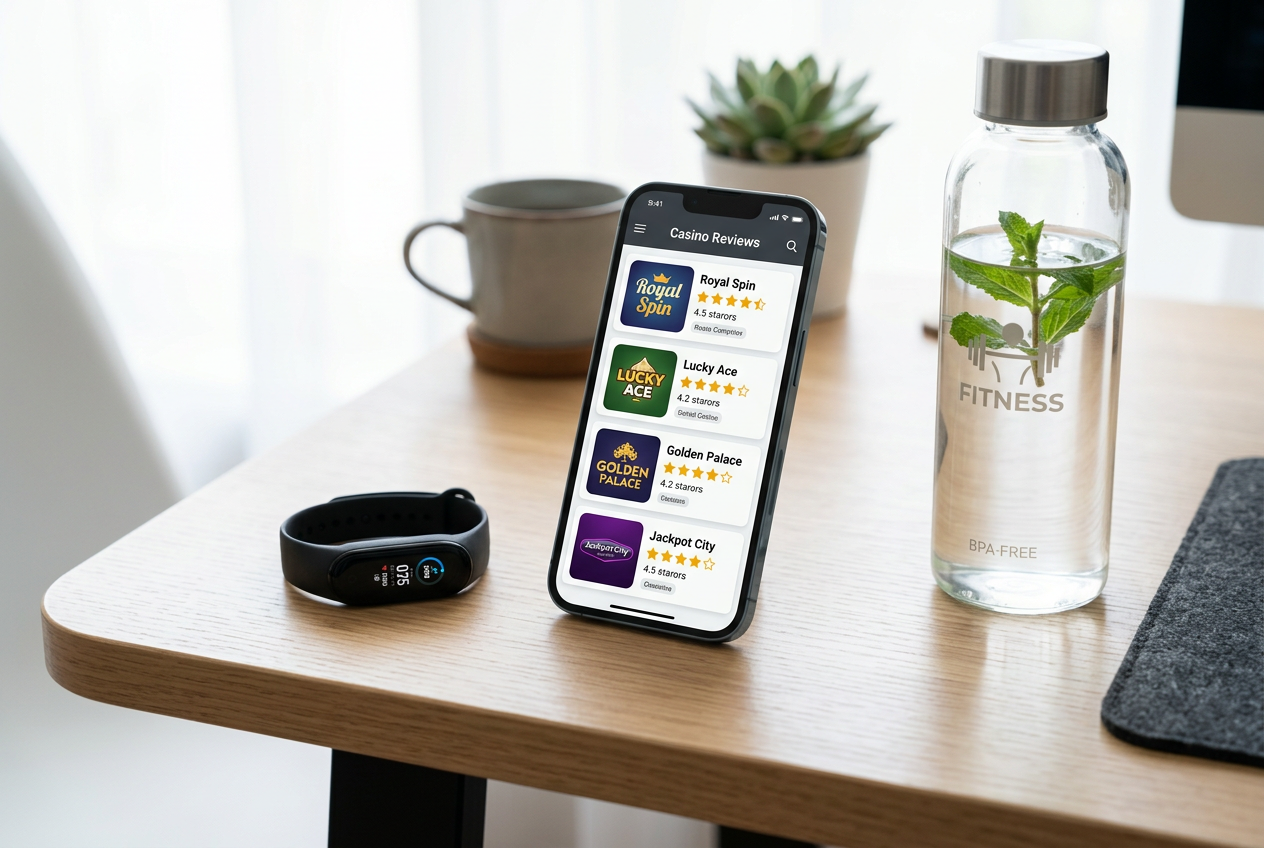 Smartphone showing a casino leaderboard next to a fitness tracker.