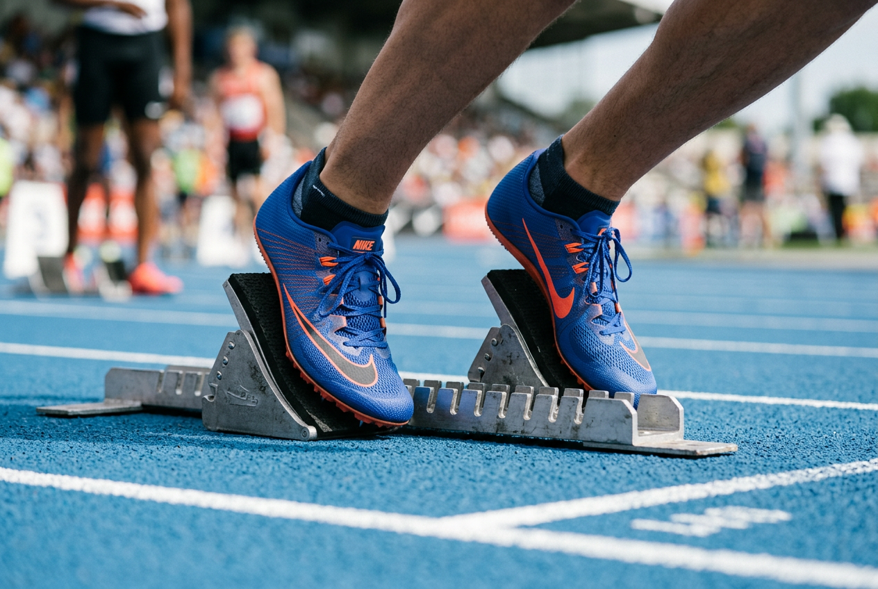 A runner in a starting position on a track, symbolizing a low-risk entry into gaming.