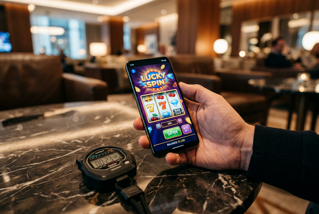 Zbliżenie na smartfon z grą typu slot i stoperem na stole